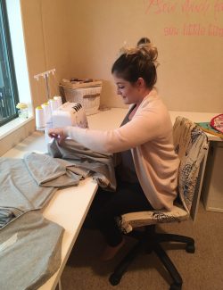 Jessica at the sewing machine making hemp organic cotton t-shirts